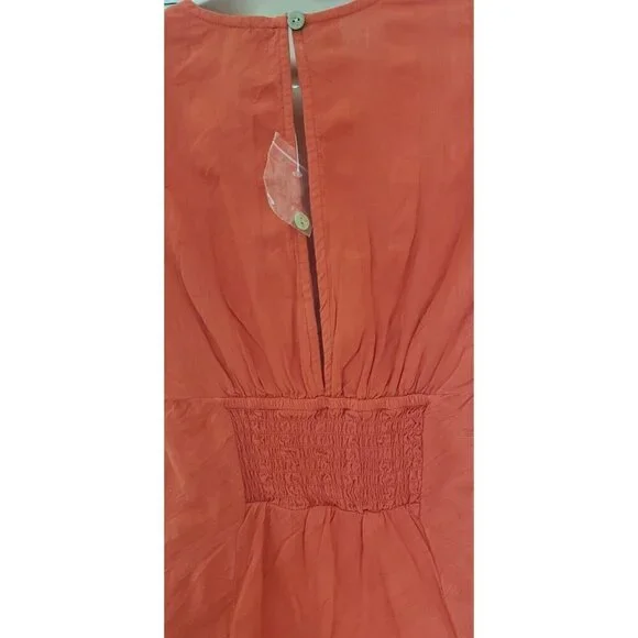 NEW FREE PEOPLE FREE-EST NATALYA SMOCKED COTTON WARM RED RUCHED MIDI DRESS SZ XS - Picture 8 of 10